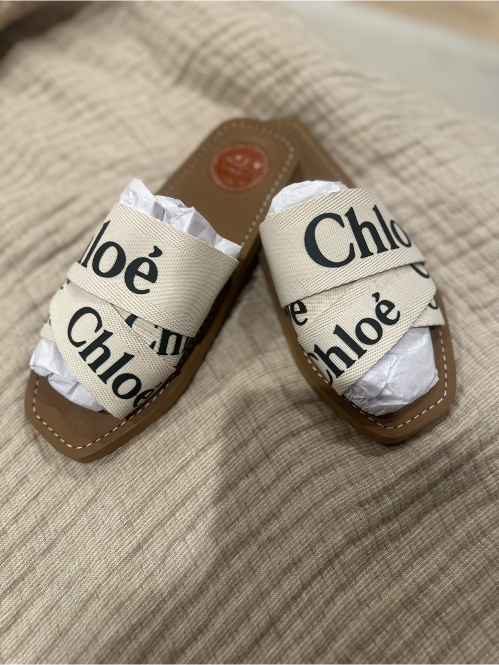 Chloé- Woody Flat Logo Ribbon Slide Sandals